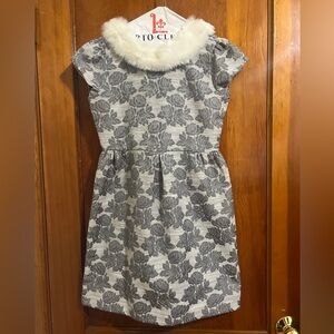 Vintage Janie and Jack Gray Floral Dress with White Faux Fur Collar Size 12
